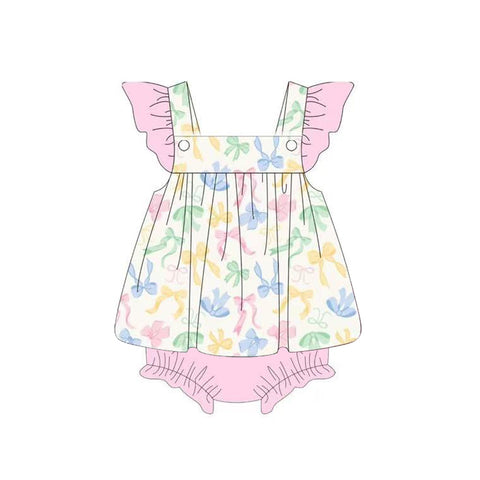 Preorder 12.07 MOQ 5 pcs SR3503 Colorful Bows Pink Baby Girls Romper