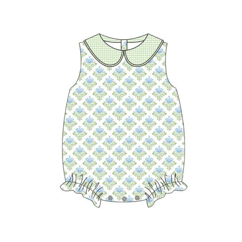 Preorder 12.08 MOQ 5 pcs SR3513 Flower Green Plaid Baby Girls Romper