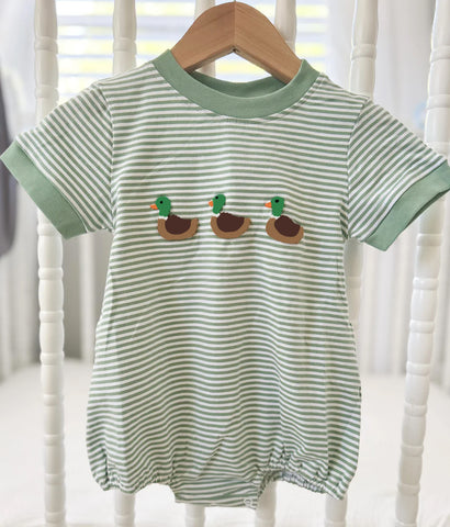 Preorder 12.11 MOQ 5 pcs SR3531 Mallard Ducks Green Stripe Baby Boys Romper