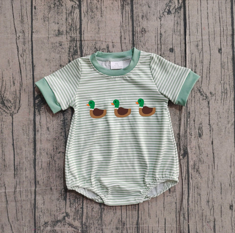 Preorder Samples SR3531 Embroidery Mallard Ducks Green Stripe Baby Boys Romper