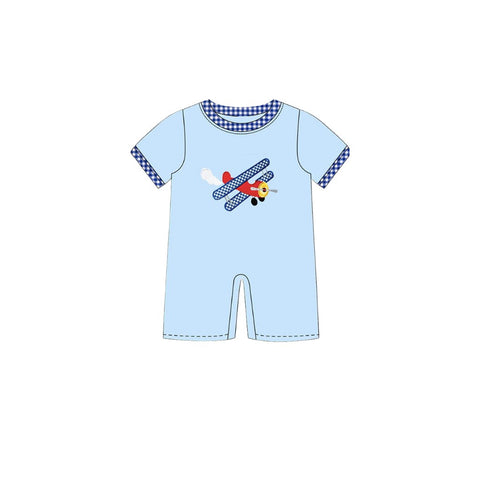 Preorder 12.13 MOQ 5 pcs SR3543 Airplane Blue Plaid Baby Boys Romper