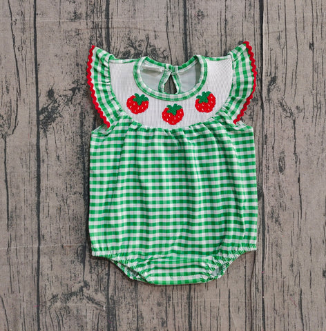 Preorder Samples SR3550 Smocked Strawberry Green Plaid Baby Girls Romper