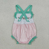 SR3558 Embroidery Dog Mint Stripe Baby Girls Romper