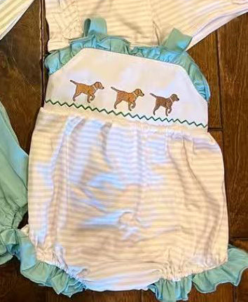 Preorder 12.14 MOQ 5 pcs SR3558 Dog Mint Stripe Baby Girls Romper