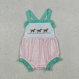 SR3558 Embroidery Dog Mint Stripe Baby Girls Romper
