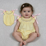 SR3561 Embroidery Flower Bows Yellow Baby Girls Romper