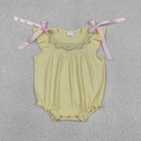 SR3561 Embroidery Flower Bows Yellow Baby Girls Romper
