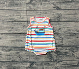 Preorder Samples SR3733 Embroidery Boat Blue Stripe Baby Boys Romper