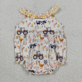 SR3848 Farm Cow Chick Animals Plaid Baby Girls Romper