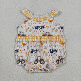 SR3848 Farm Cow Chick Animals Plaid Baby Girls Romper