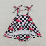 SR3854 Cherry Bows Black Plaid Skirt Baby Girls Romper