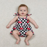 SR3854 Cherry Bows Black Plaid Skirt Baby Girls Romper