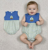 SR3892 Embroidery Sailboat Stripe Baby Boys Romper