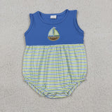 SR3892 Embroidery Sailboat Stripe Baby Boys Romper