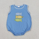 SR4005 Embroidery Fish Blue Color Baby Boys Romper