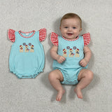 SR4051 Embroidery 4th of July USA Dog Red Plaid Baby Girls Romper