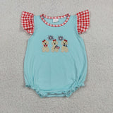 SR4051 Embroidery 4th of July USA Dog Red Plaid Baby Girls Romper