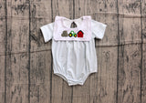Preorder Samples SR4075 Embroidery Farm Truck Barn Red Baby Boys Romper