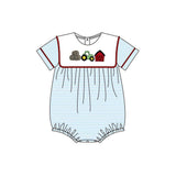 Preorder Samples SR4075 Embroidery Farm Truck Barn Red Baby Boys Romper