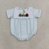 SR4075 Embroidery Farm Truck Barn Red Baby Boys Romper