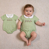 SR4083 Embroidery Mallard Ducks Green Stripe Baby Boys Romper