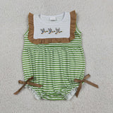 SR4084 Embroidery Mallard Ducks Green Stripe Baby Girls Romper