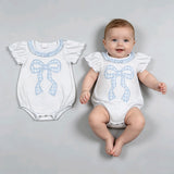 SR4089 Bows Dots Plaid Sky Blue Baby Girls Romper