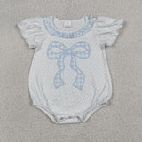 SR4089 Bows Dots Plaid Sky Blue Baby Girls Romper