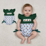 SR4091 Embroidery Mallard Ducks Green Baby Girls Romper