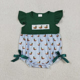 SR4091 Embroidery Mallard Ducks Green Baby Girls Romper