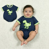 SR4113 Embroidery Dinosaur Green Plaid Baby Boys Romper