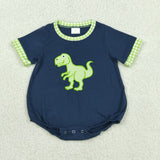 SR4113 Embroidery Dinosaur Green Plaid Baby Boys Romper