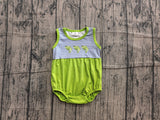 Preorder Samples SR4139 Embroidery Fish Green Stripe Baby Boys Romper
