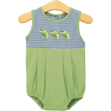 Preorder Samples SR4139 Embroidery Fish Green Stripe Baby Boys Romper