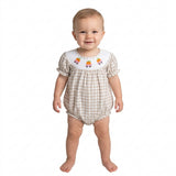 SR4280 Smocked Fall Pumpkin Car Plaid Baby Bubble Romper