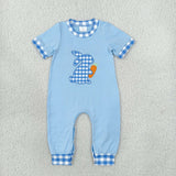 SR4297 Embroidery Easter Bunny Plaid Blue Baby Boys Romper