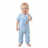SR4297 Embroidery Easter Bunny Plaid Blue Baby Boys Romper