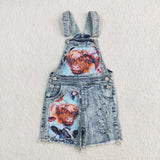 SS0023 Fashion Summer Cattle Cow Blue Ripped Denim Overalls
