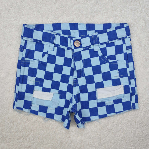 SS0093 Summer Plaid Blue Hole Denim Girl's Shorts