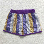 SS0115 Boutique Shiny Purple Gold Stripe Sequin Shorts
