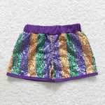 SS0116 Boutique Shiny Purple Green Stripe Sequin Shorts