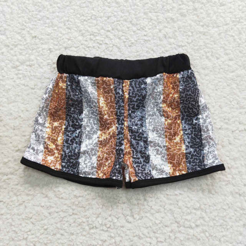 SS0117 Boutique Shiny Black Gold Stripe Sequin Shorts