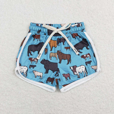 SS0124 Boutique Blue Printed Cow Girl's Sports Shorts