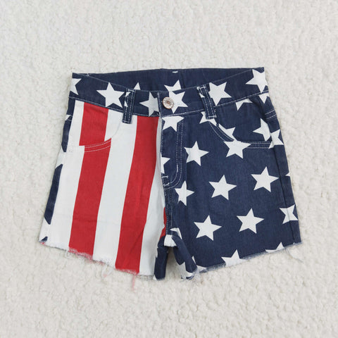 SS0168 Summer July 4th Stripe Star Denim Girl's Shorts