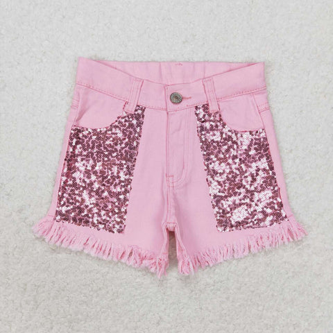 SS0230 Summer Pink Sequins Denim Girl's Shorts