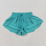 GSSO2572 Blue Green Solid Color Yoga Sports Girls Shorts Set