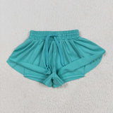 GSSO2572 Blue Green Solid Color Yoga Sports Girls Shorts Set