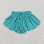 GSSO2572 Blue Green Solid Color Yoga Sports Girls Shorts Set