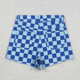 SS0763 Summer Blue Plaid Denim Girl's Shorts