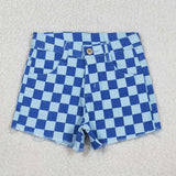 SS0763 Summer Blue Plaid Denim Girl's Shorts